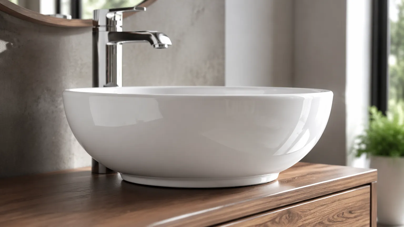 White vitreous china countertop wash basin on wooden vanity with tall chrome faucet