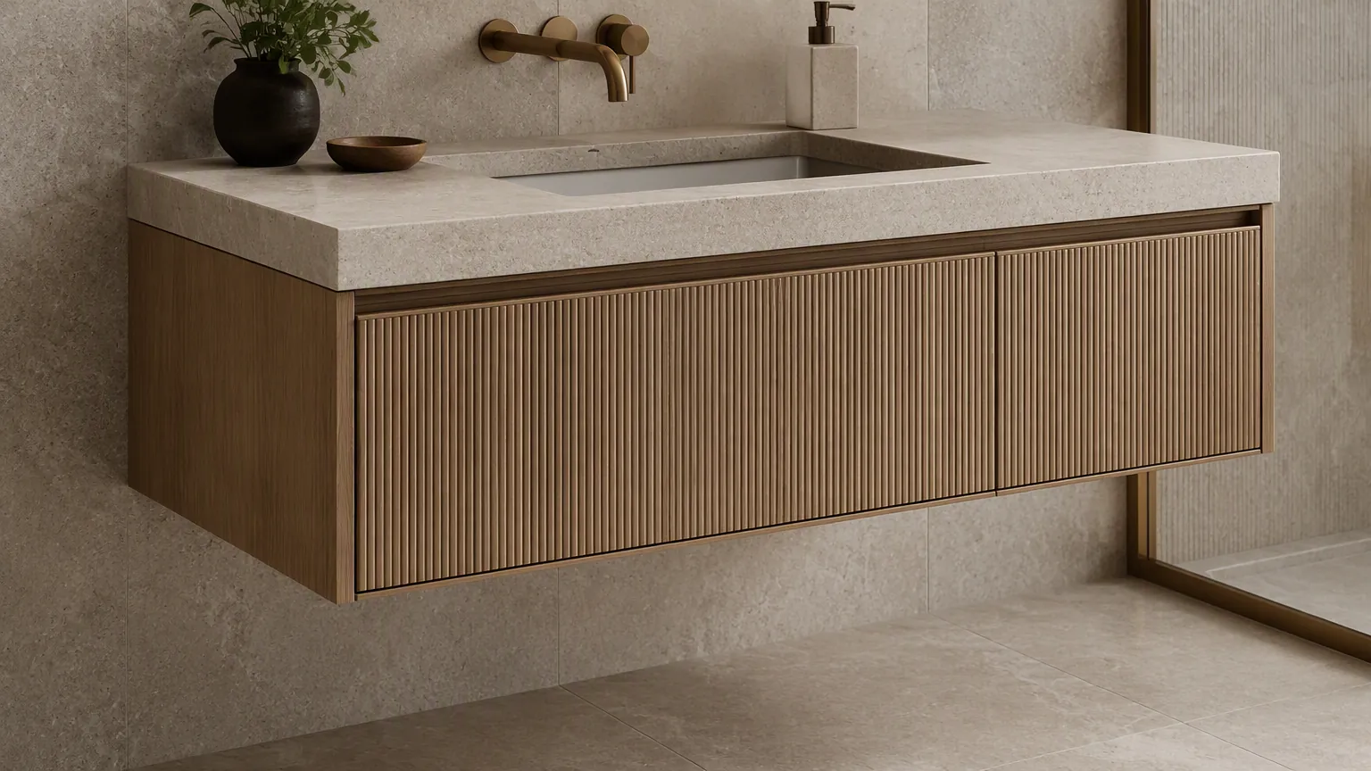 Floating wall hung vanity with stone countertop basin for UAE bathroom