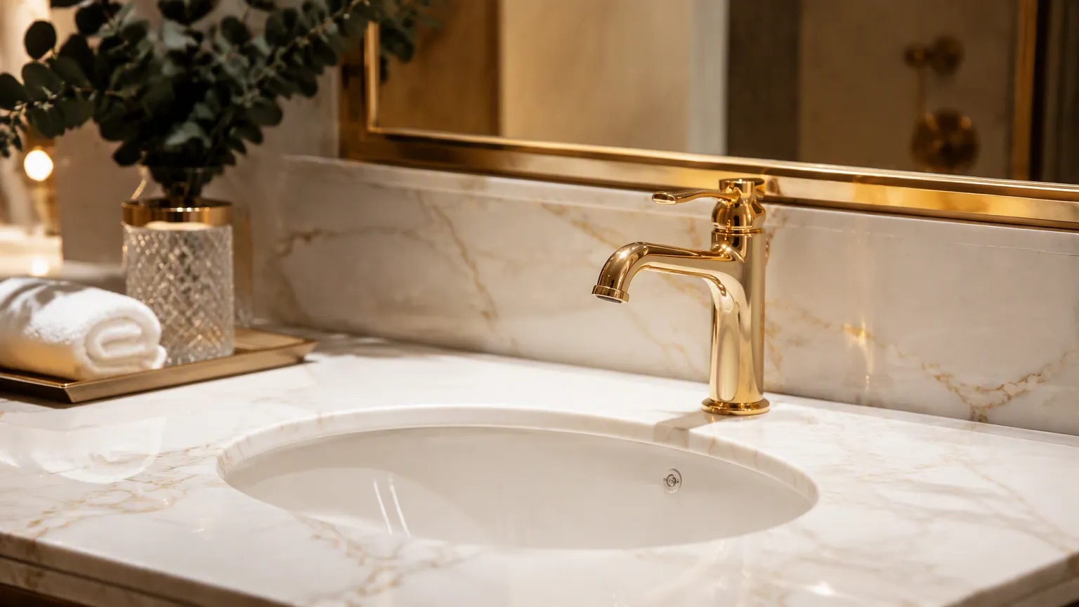 Brushed gold PVD faucet on marble vanity for UAE hotel bathroom project