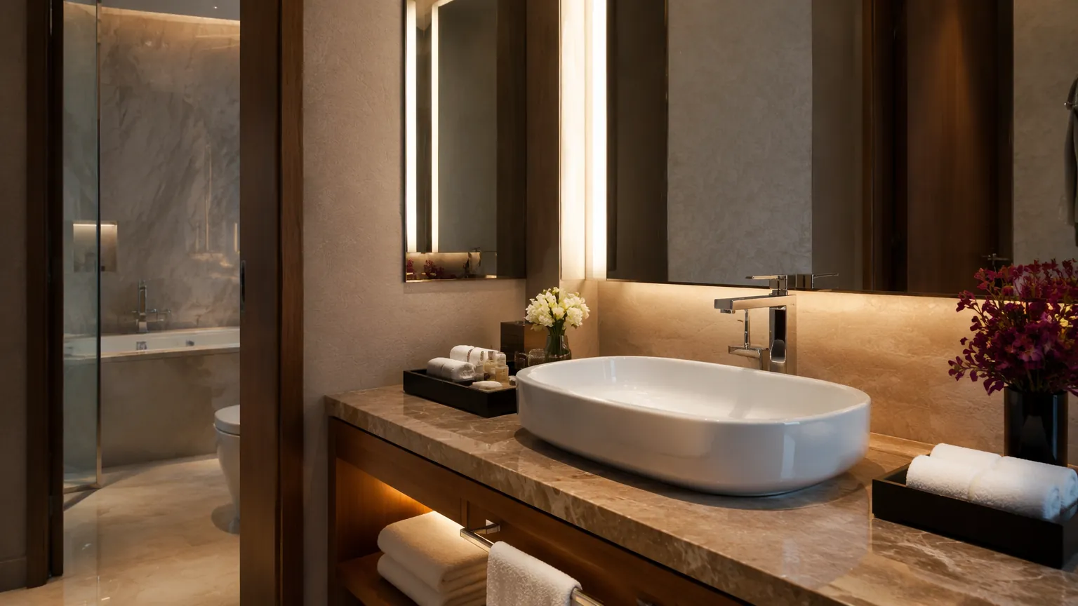 Hotel guest bathroom with premium countertop hand wash basin installation
