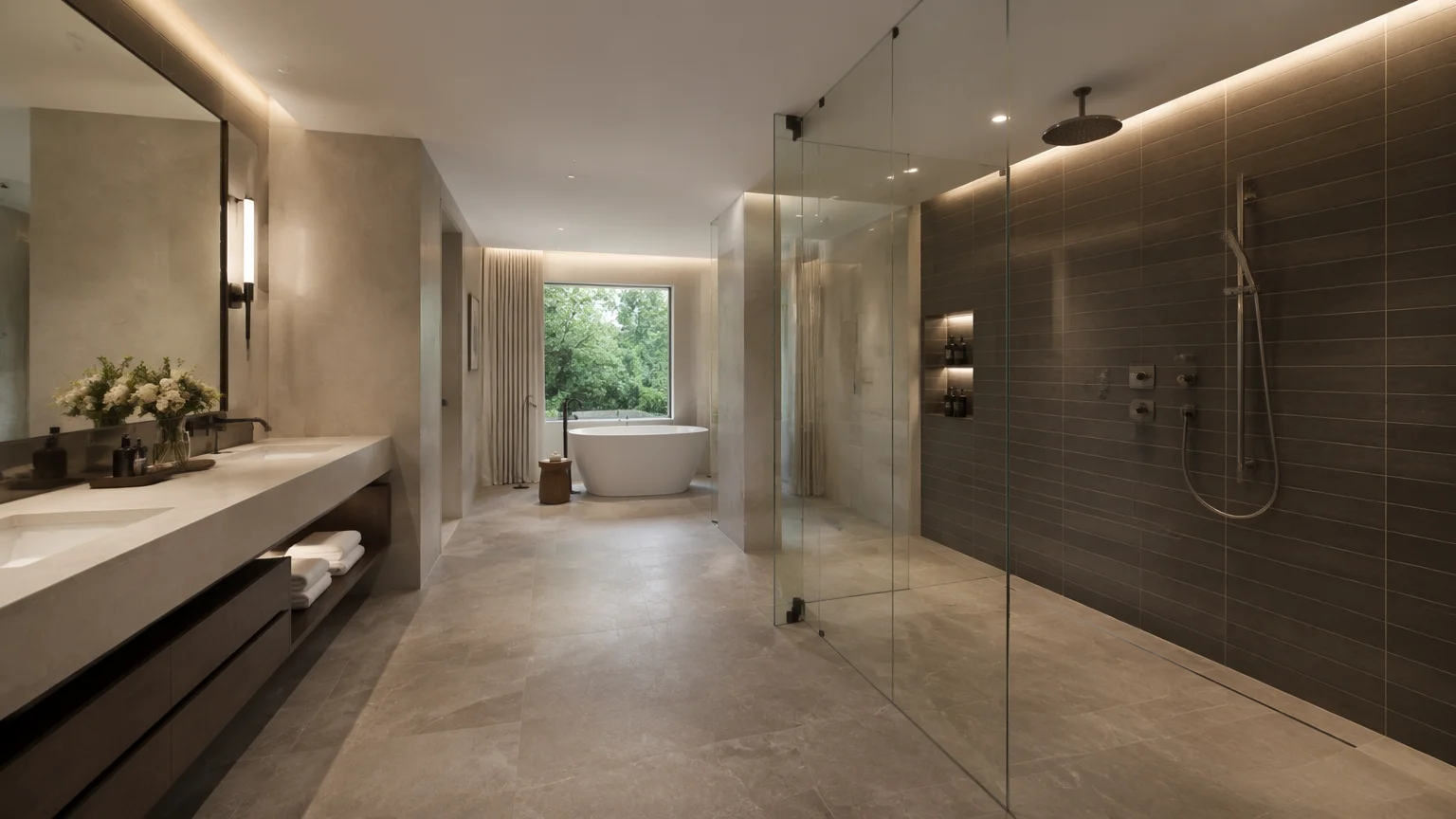 Hotel bathroom with large walk-in shower and premium fixtures project reference