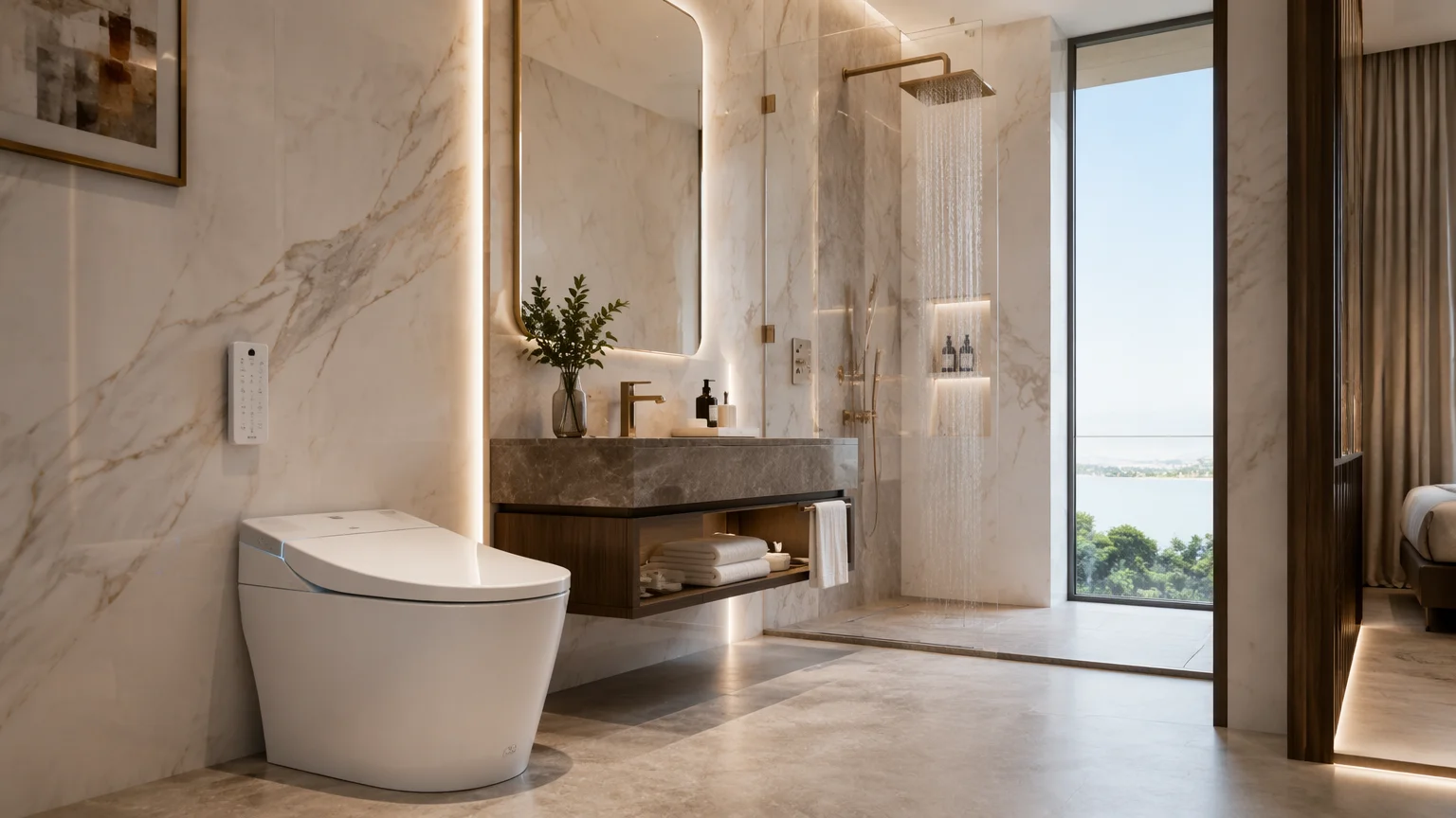 Integrated smart toilet in luxury hotel suite with remote control and Italian marble