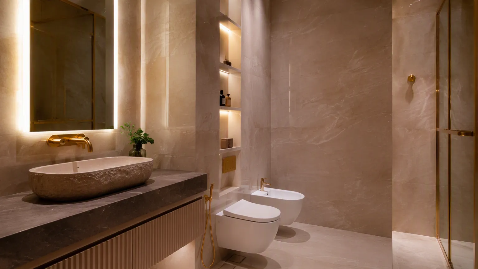 Jeddah hotel bathroom with wall hung toilet and bidet set