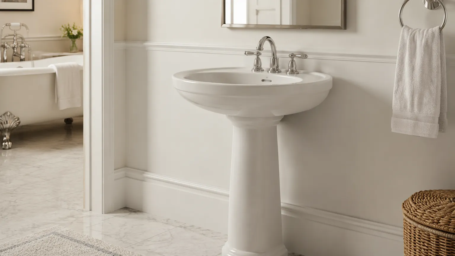 Traditional white ceramic pedestal wash basin with chrome two-handle faucet