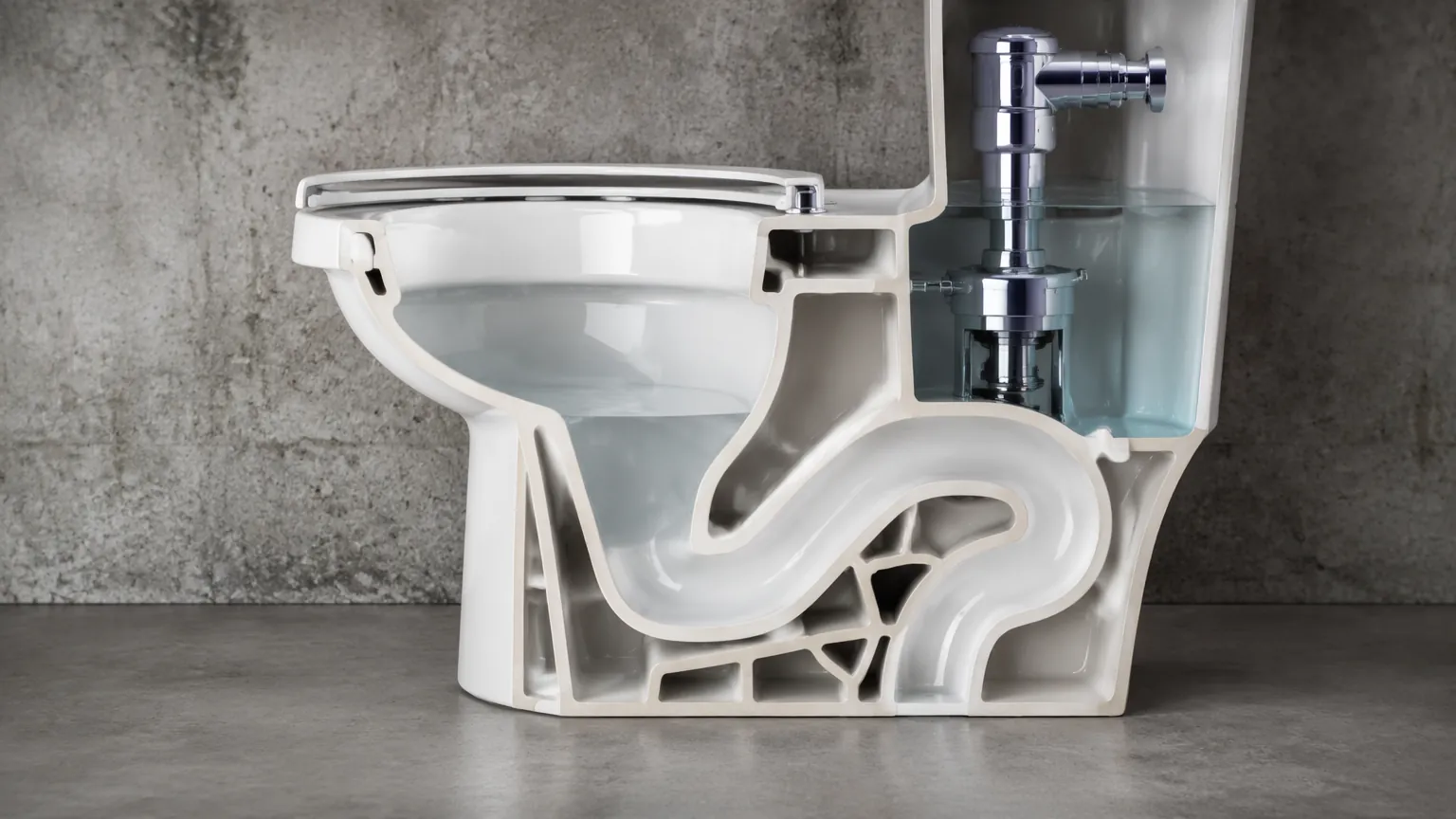 Cutaway view of porcelain toilet flush system showing internal S-trap passage