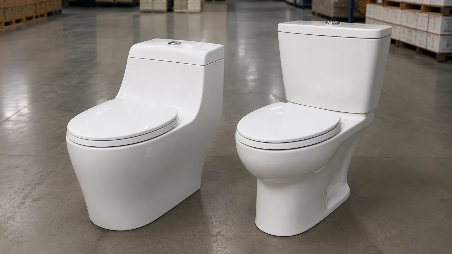 Modern one-piece and two-piece porcelain toilets compared on warehouse floor