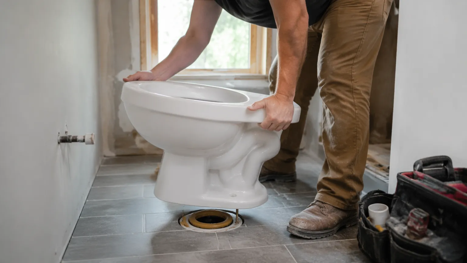 Contractor installing porcelain toilet on floor flange in construction site