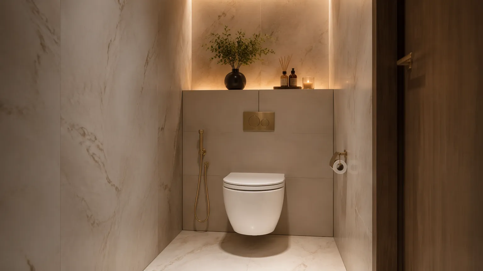 Luxury hotel bathroom with wall-hung toilet concealed cistern modern design