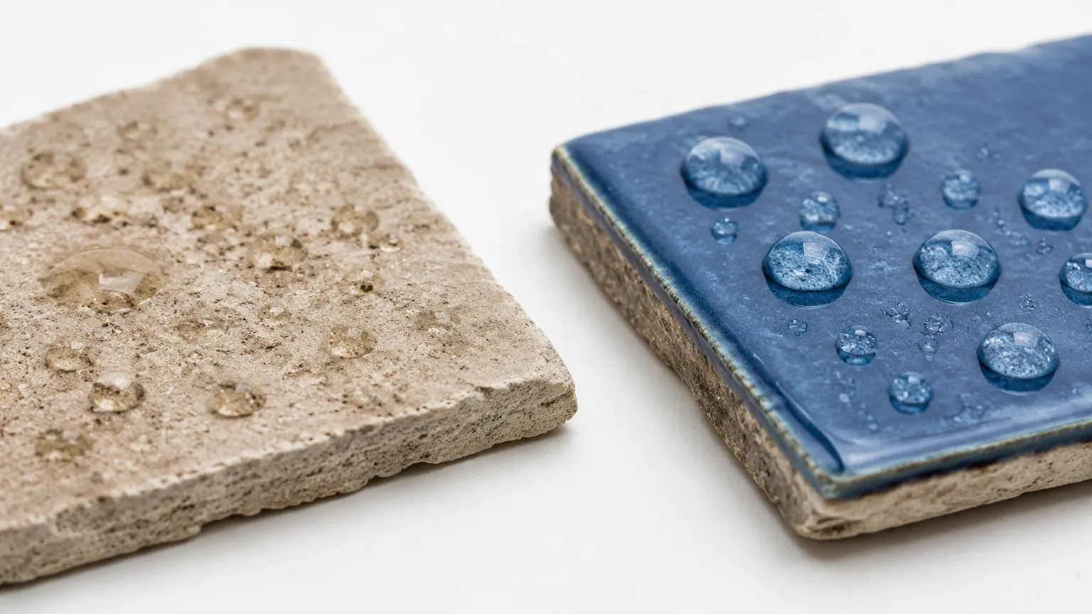 Ceramic tile unglazed absorbing water vs glazed surface beading water comparison