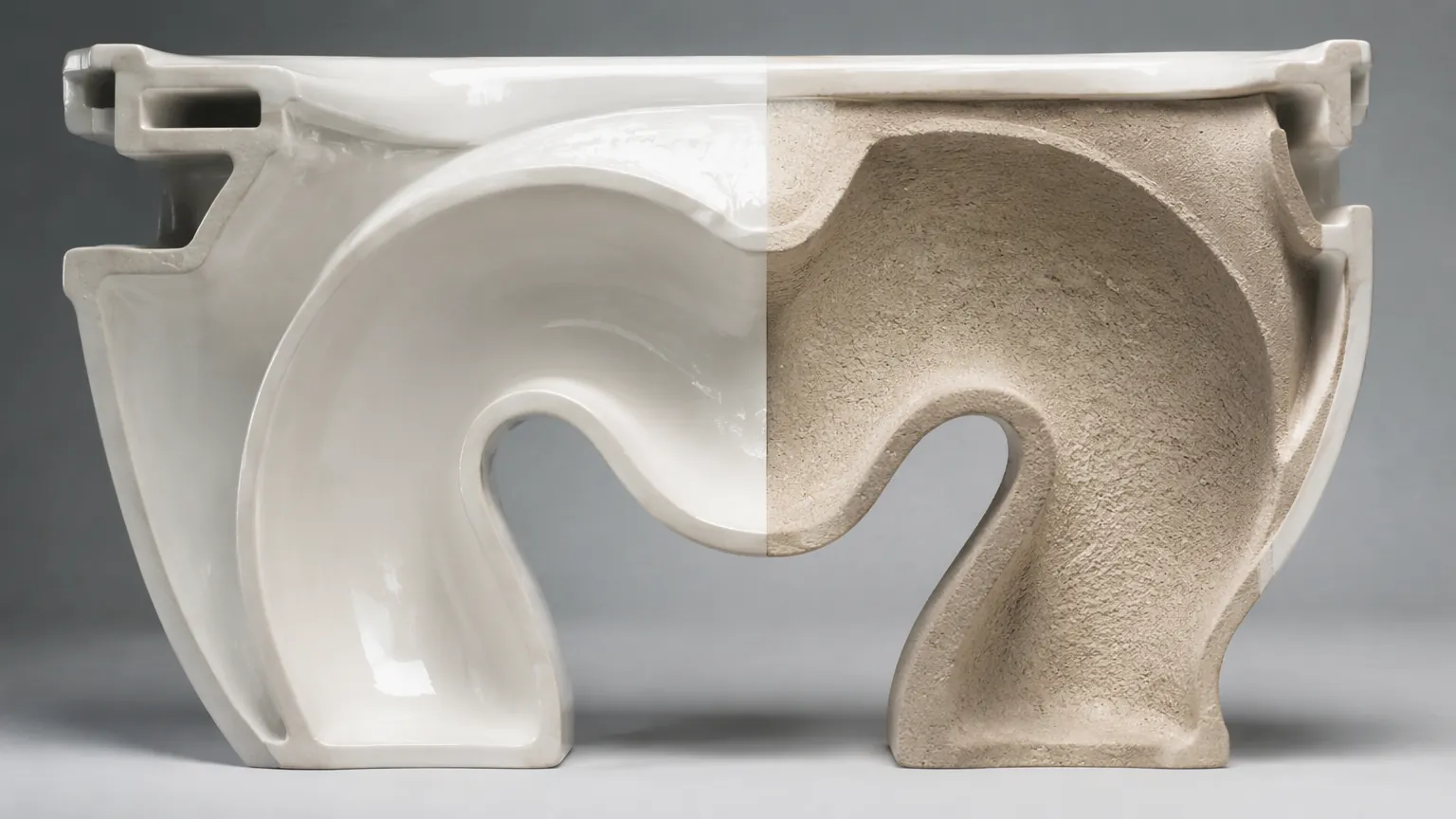 Toilet S-trap cross section fully glazed vs unglazed ceramic surface detail