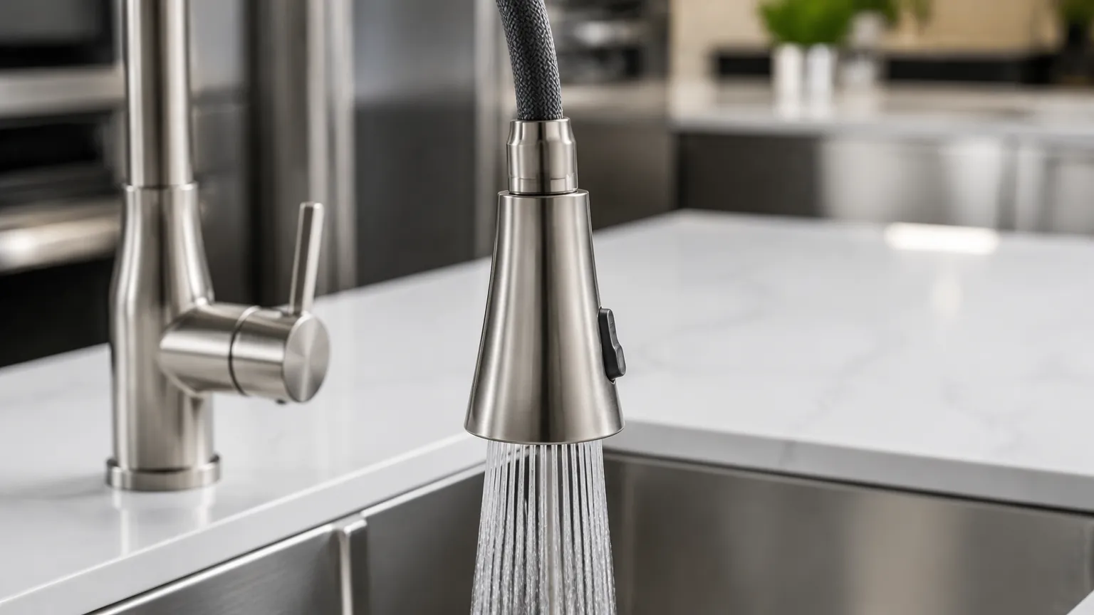 Close-up of a brushed nickel pull-down kitchen faucet spray head in a commercial kitchen sink