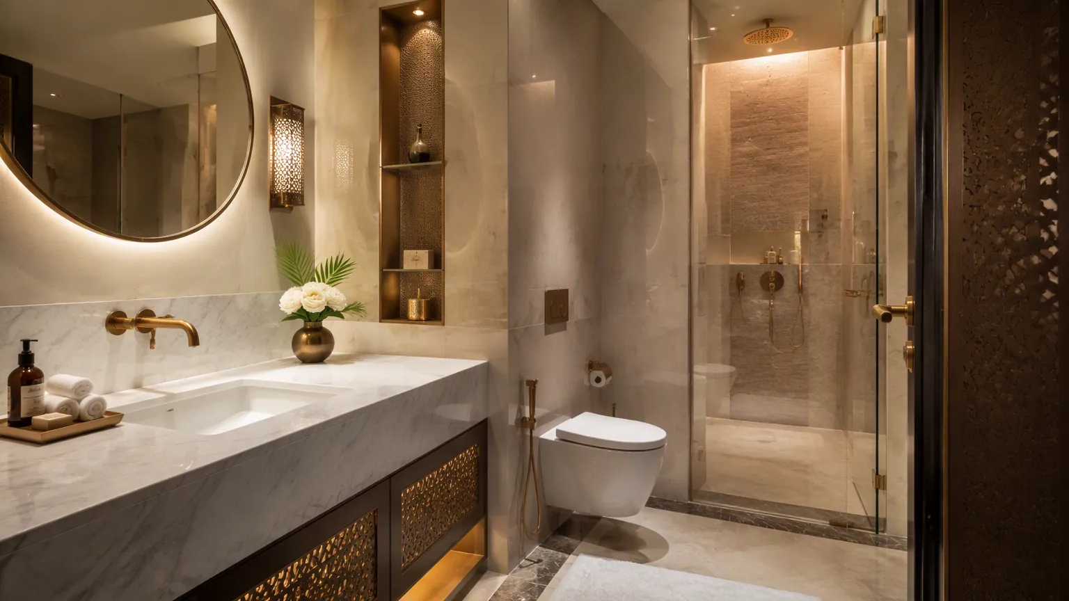 Luxury Saudi hotel bathroom with brushed gold faucets and wall hung toilet