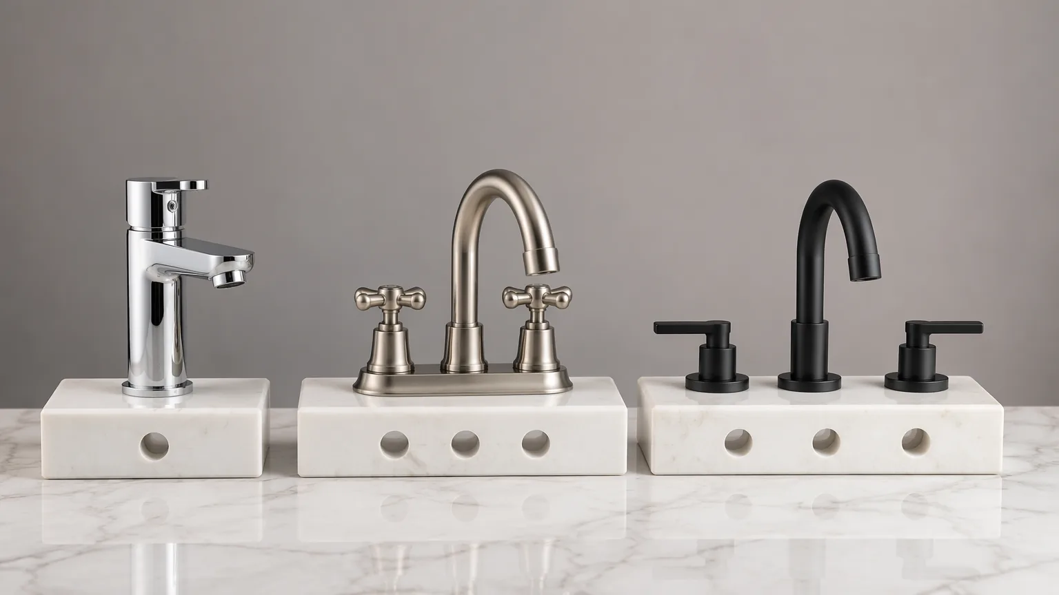 Side-by-side comparison of single-hole, centerset, and widespread basin faucet types on marble display blocks
