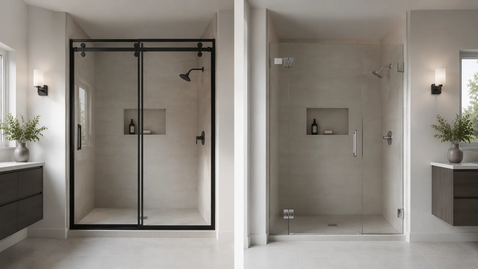 Side-by-side comparison of sliding shower door and hinged shower door in modern bathroom