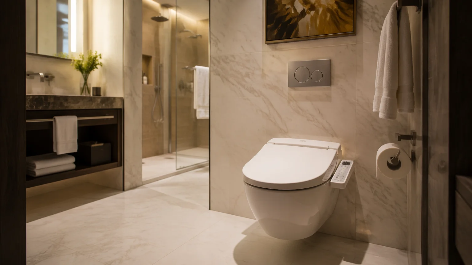 Smart toilet in a luxury hotel bathroom with marble walls and ambient lighting
