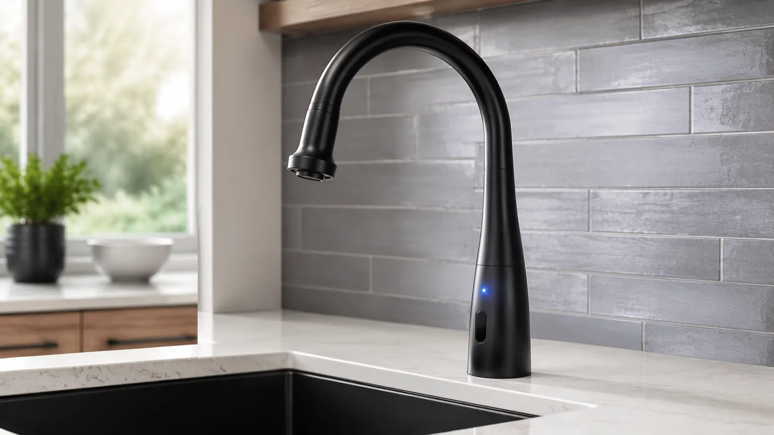 Modern matte black touchless sensor kitchen faucet on white quartz countertop
