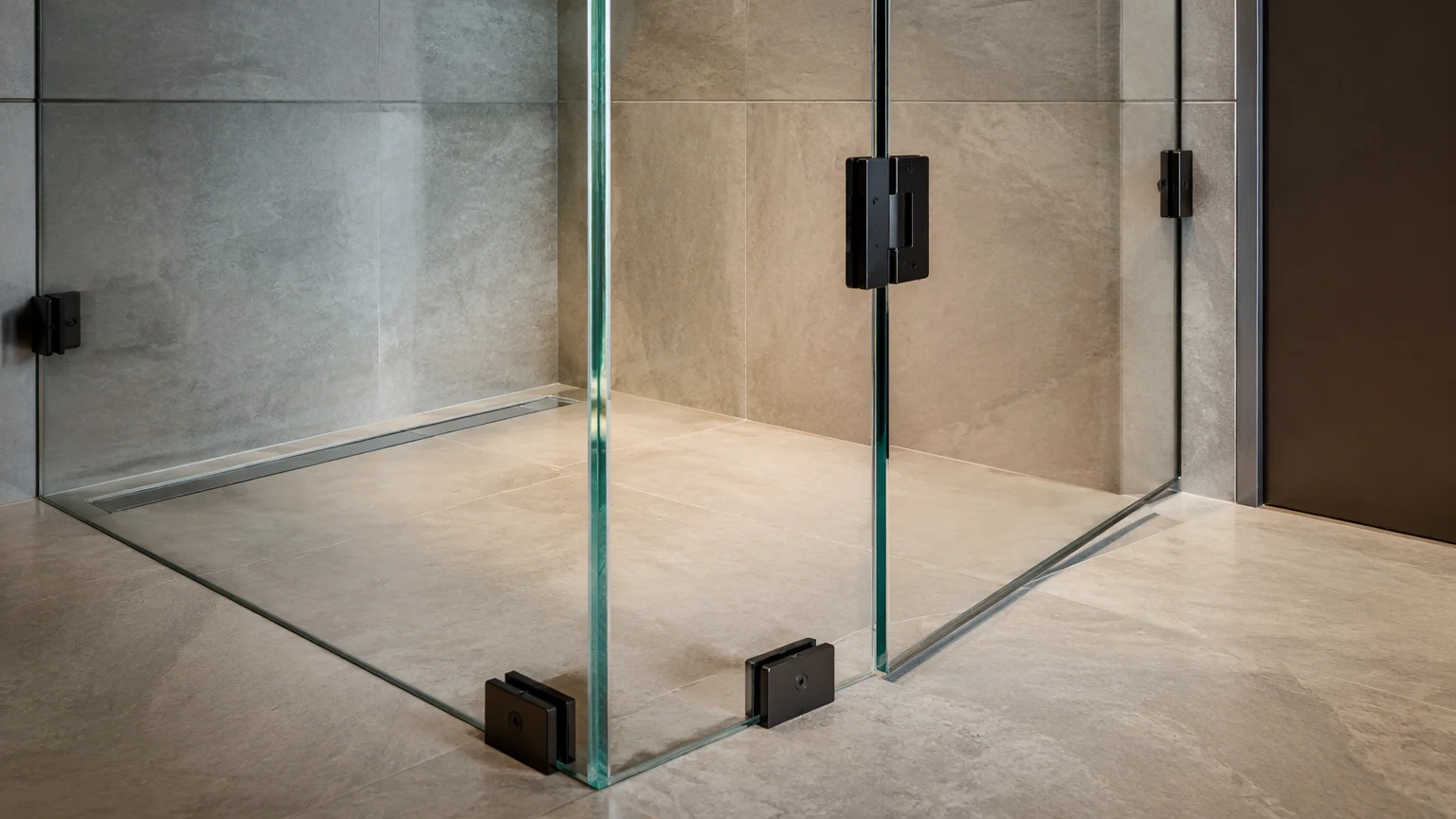 Walk-in frameless glass shower enclosure with clear tempered glass thick panel