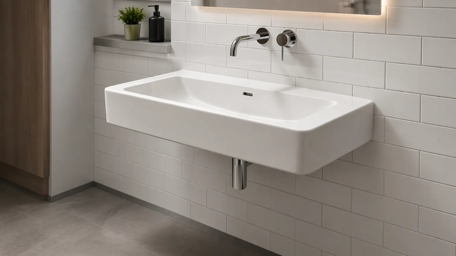 Modern white wall-hung wash basin in commercial bathroom with knee space underneath