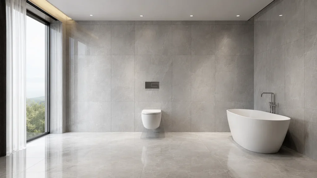 Hotel bathroom with white ceramic wall-hung toilet and marble floor, natural light