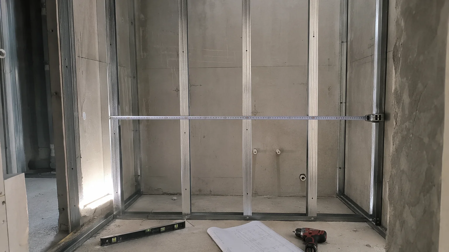 Contractor measuring wall hung toilet installation dimensions