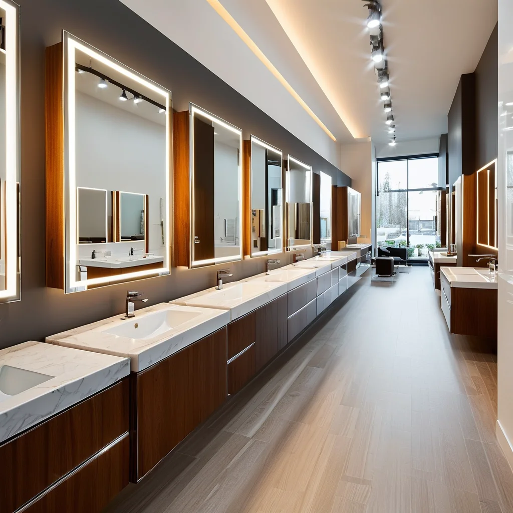 Wholesale bathroom vanities showroom display with LED mirrors and marble countertops for contractors guide 2026