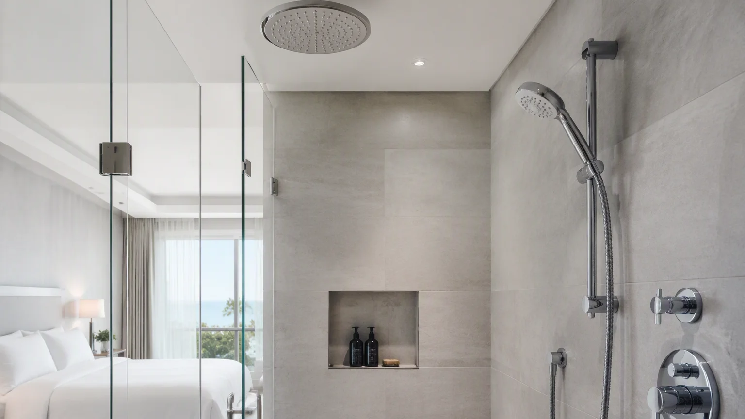 Dual-function shower head with fixed rain head and handheld unit in a modern hotel bathroom