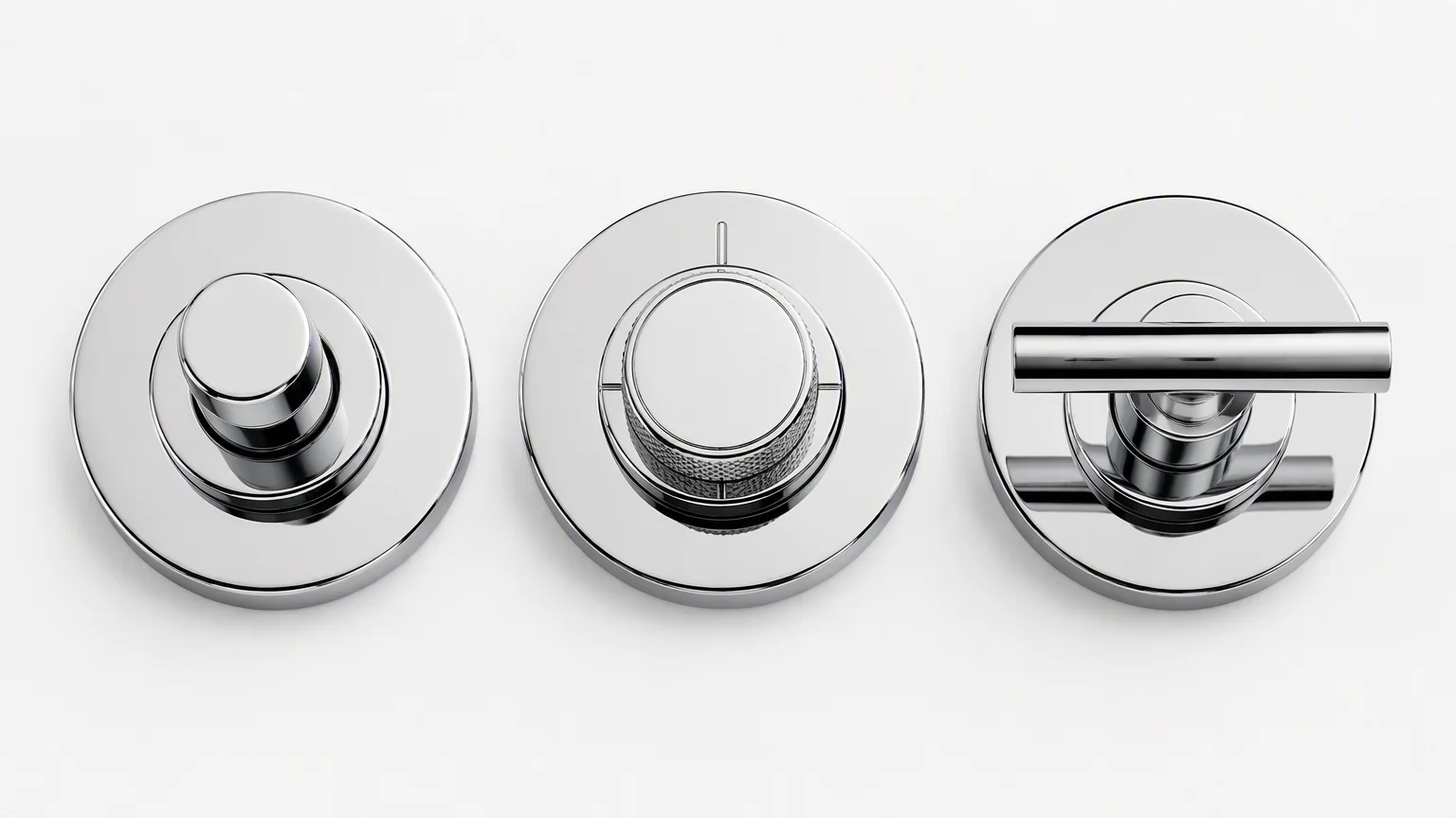 Three diverter types for dual-function shower heads: push-button, rotary twist, and T-bar lever