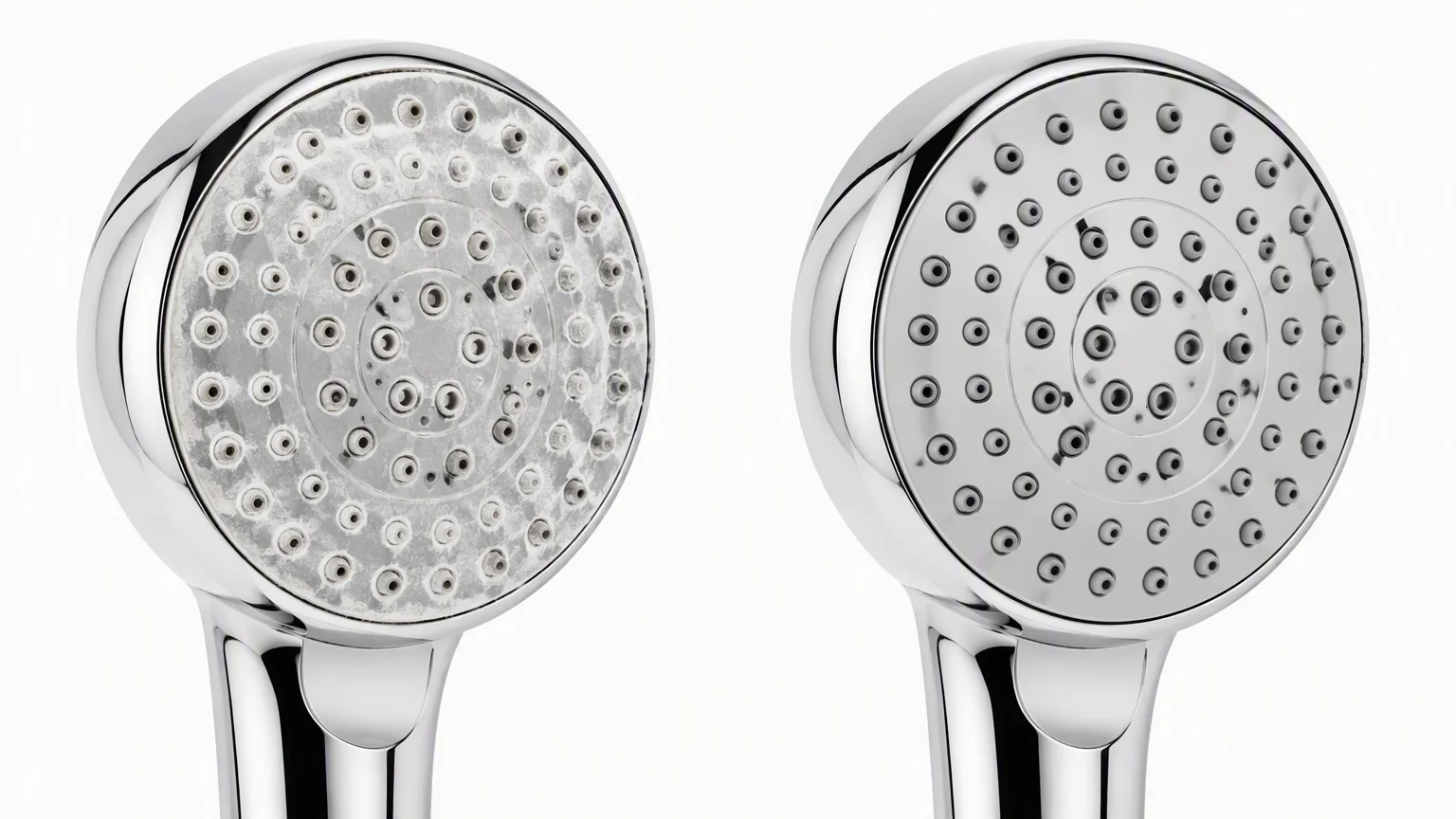 Before-and-after comparison of limescale buildup on a chrome shower head versus clean spray nozzles