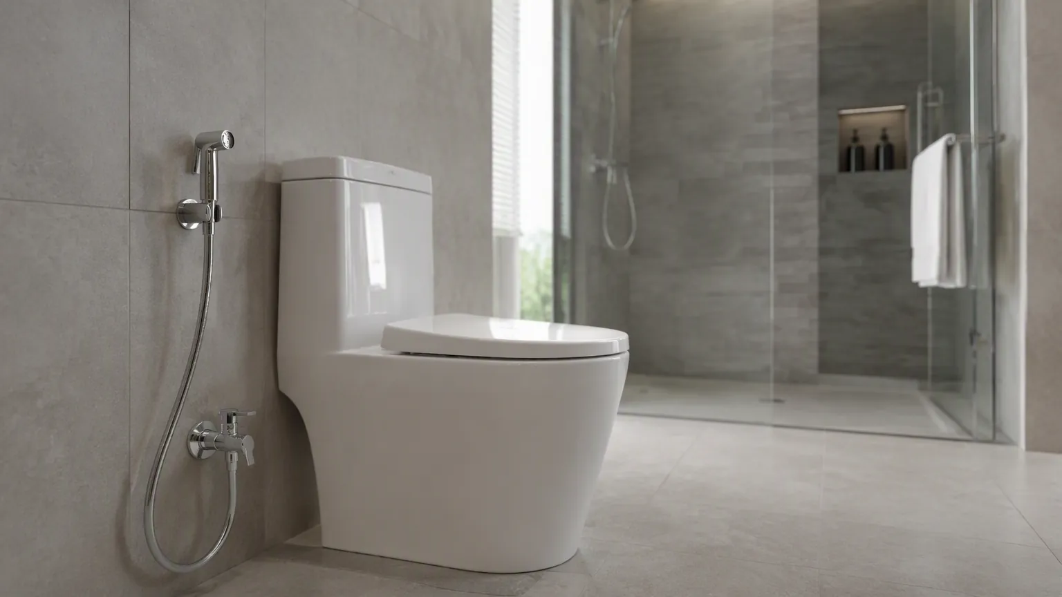 Handheld bidet sprayer mounted beside a toilet in a modern hotel bathroom