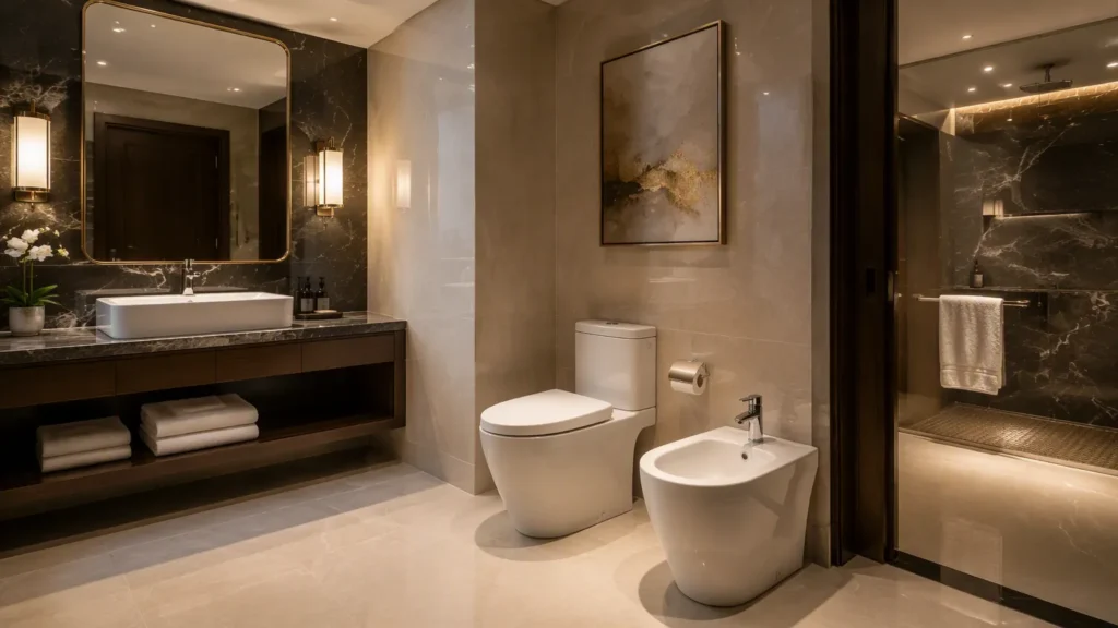 Modern hotel bathroom with a standalone white ceramic bidet next to a toilet, marble and wood finishes