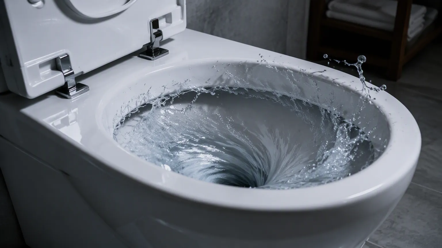 Water swirling in a vortex inside a white ceramic toilet bowl during a flush