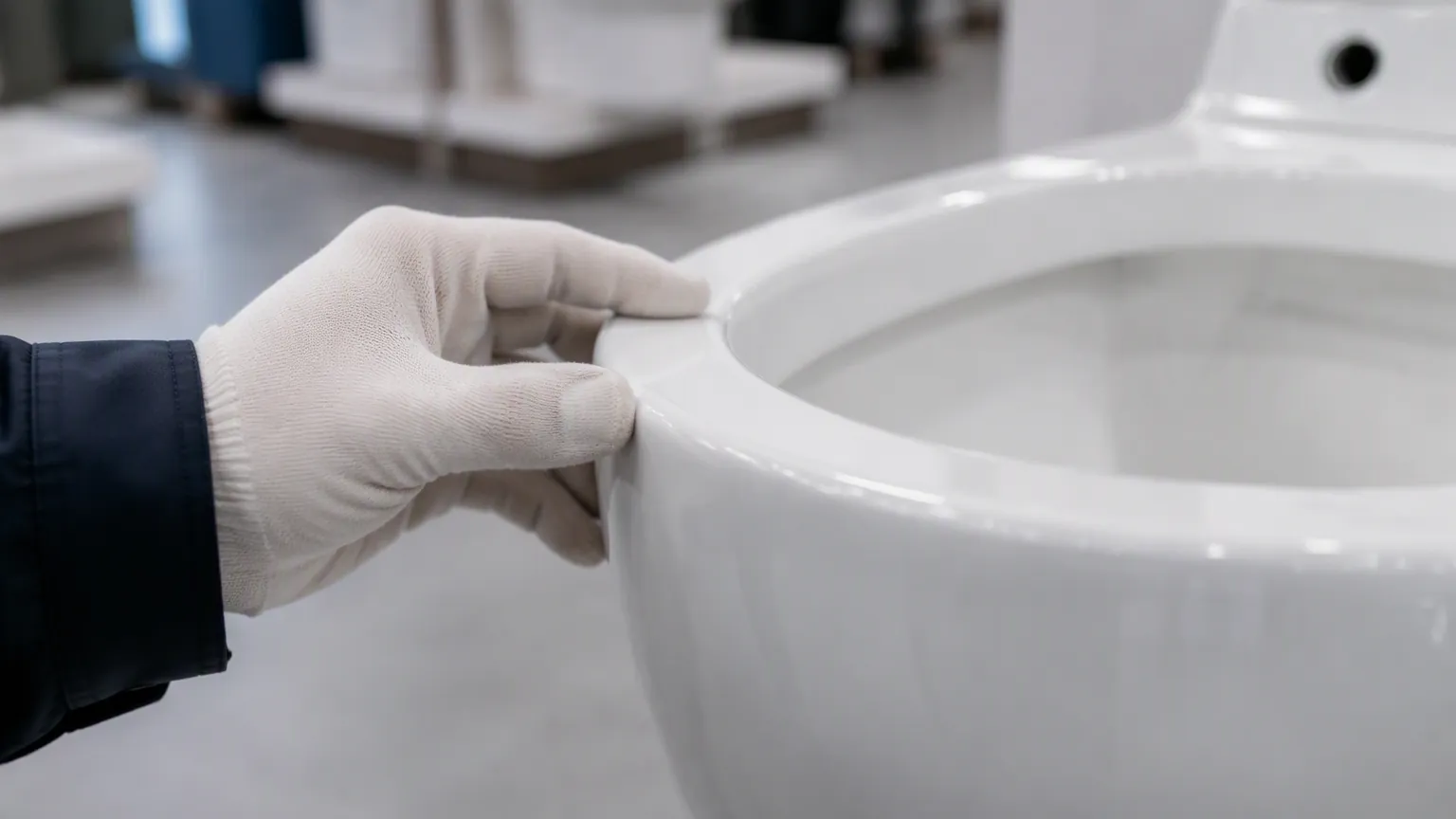 Quality inspector hand checking the smooth glaze surface of a white ceramic toilet bowl