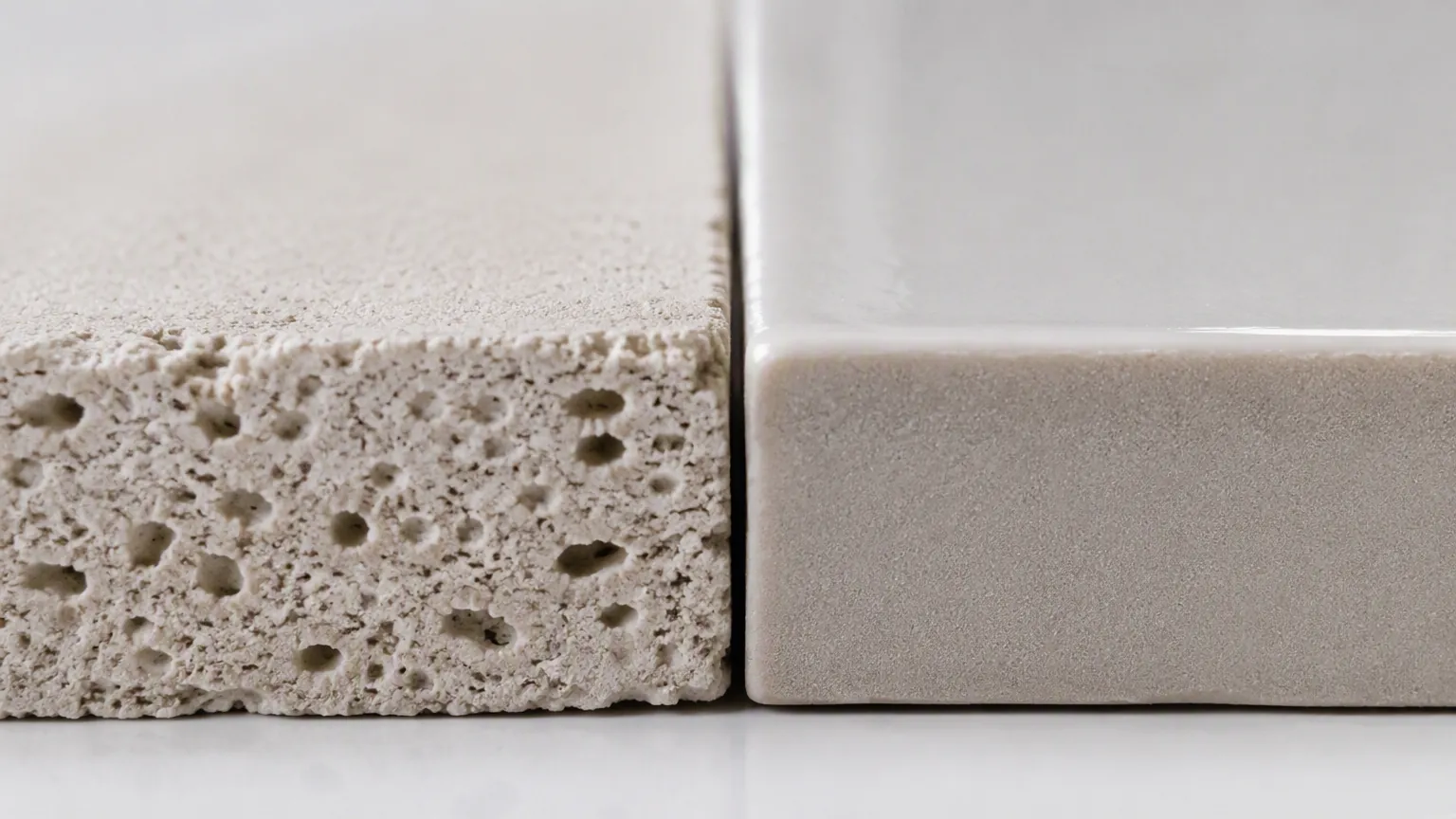 Cross-section comparison of porous ceramic body and dense vitrified porcelain body