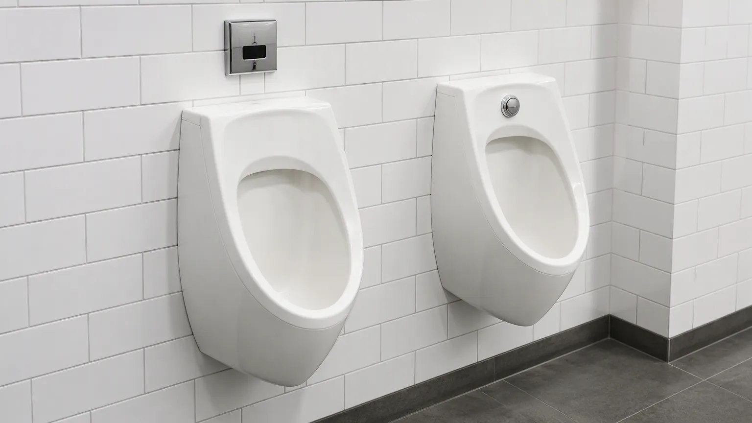Comparison of a sensor flush urinal and a manual push-button flush urinal installed side by side at standard height in a commercial restroom