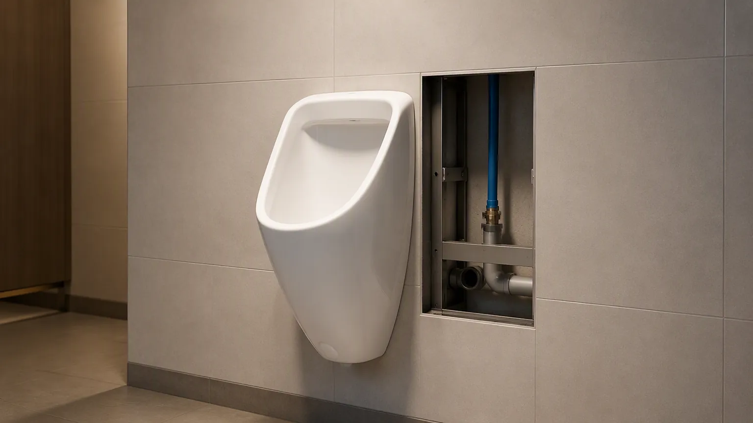 3D architectural section of a wall hung commercial urinal showing the concealed carrier frame and pipes inside the wall cavity