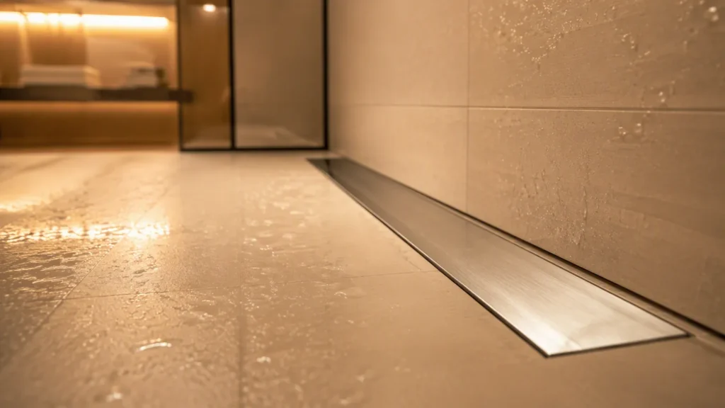 Brushed stainless steel linear floor drain installed flush with large format porcelain tiles in a modern hotel shower room