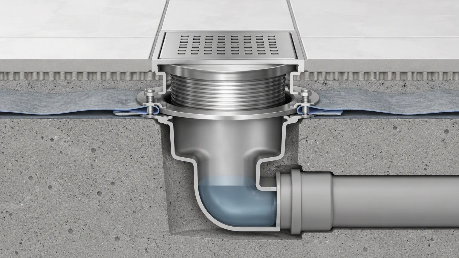 Stainless steel floor drain installation cross-section showing waterproofing membrane and water seal details