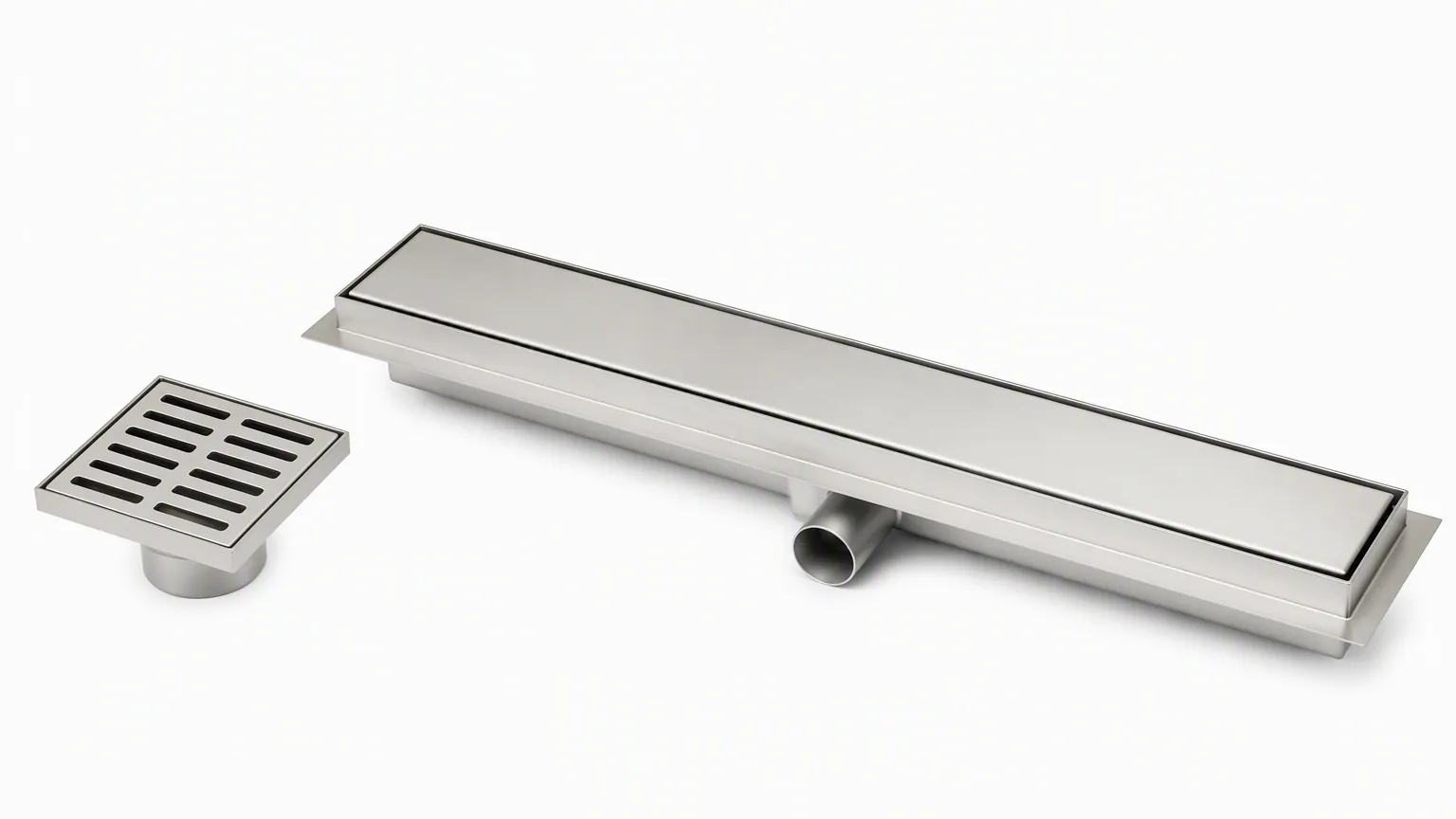 Point drain and linear drain product comparison showing size and installation differences