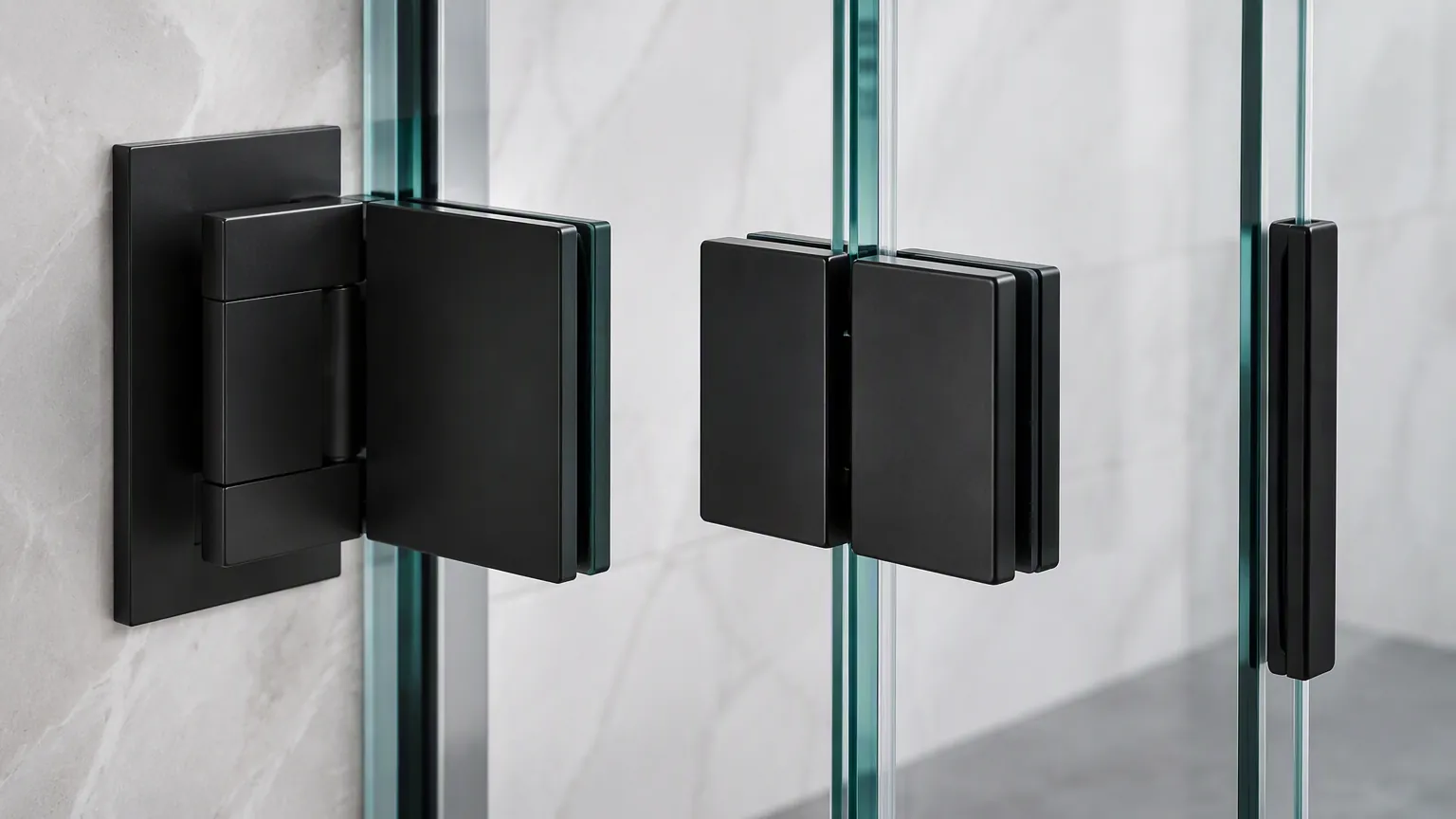 Matte black frameless shower hardware with wall hinge and glass-to-glass clamp on 10mm glass