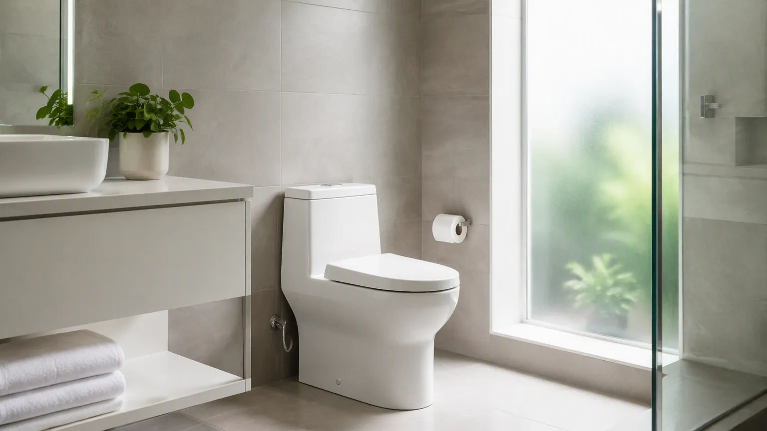 Modern bright hotel bathroom with a white water-efficient one-piece toilet