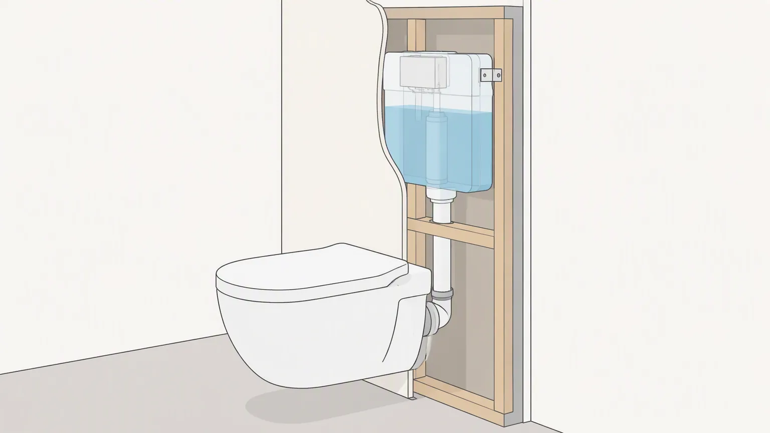 Cross-section of wall hung porcelain toilet with concealed cistern in wall cavity