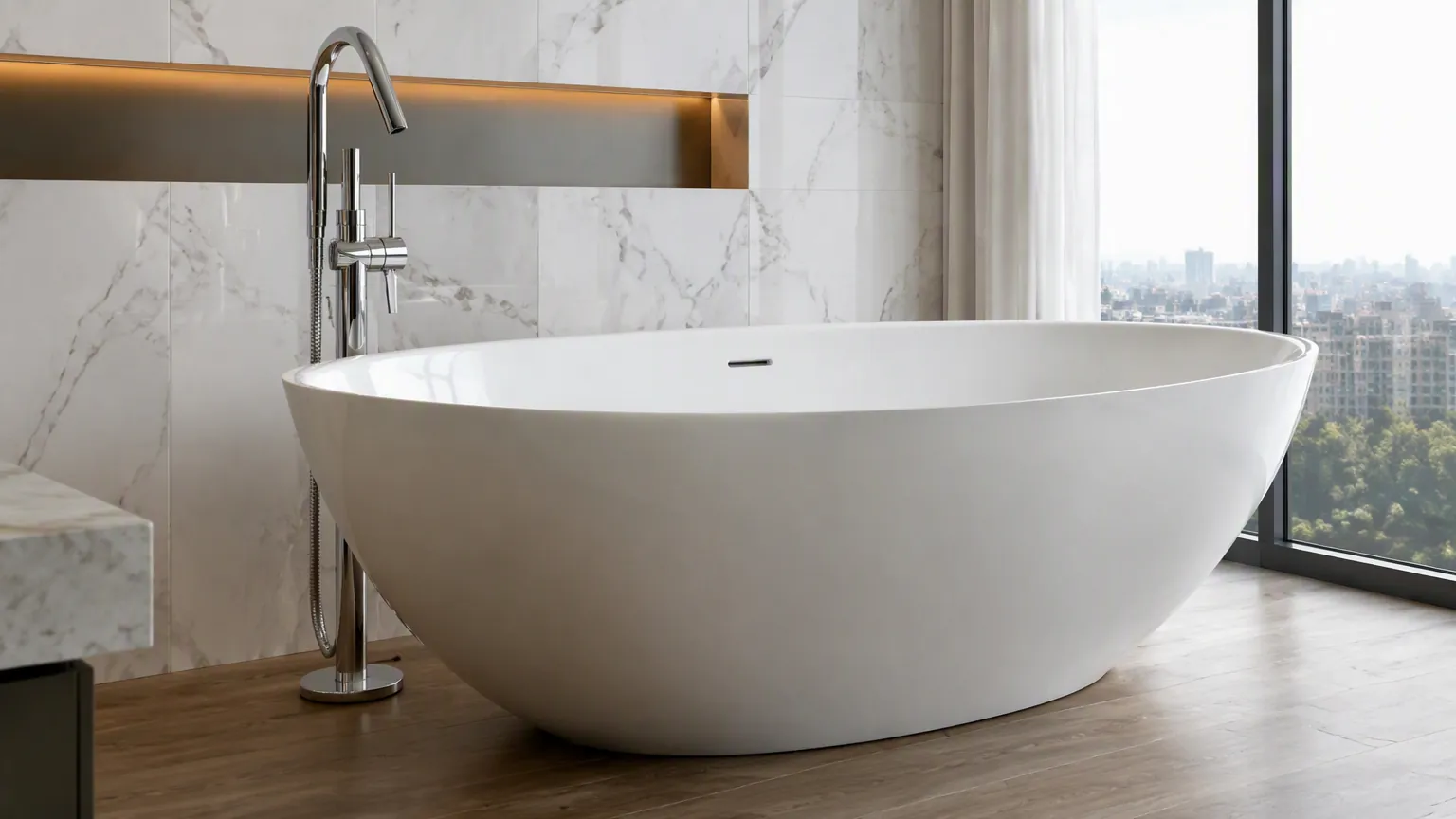Acrylic freestanding bathtub in a modern hotel bathroom