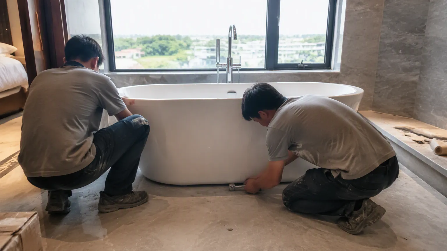 Workers installing and leveling a freestanding acrylic bathtub