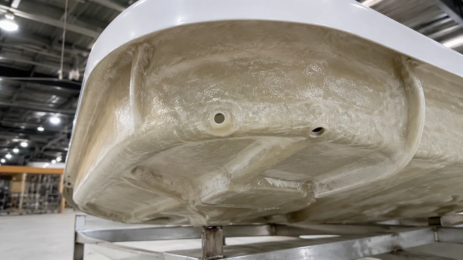 Fiberglass mat reinforcement backing on an acrylic bathtub underside