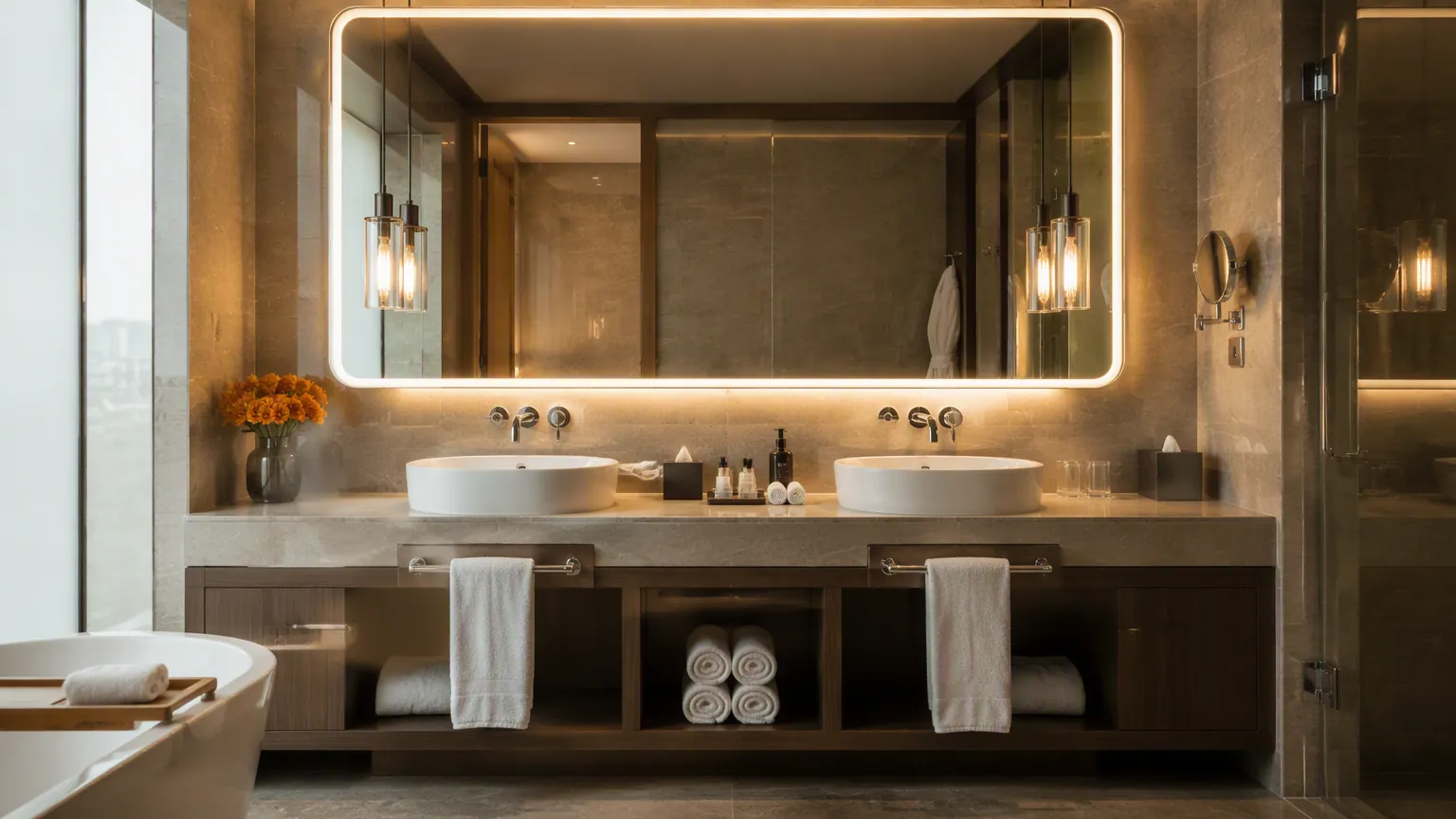 double wash basin vanity in a luxury hotel bathroom