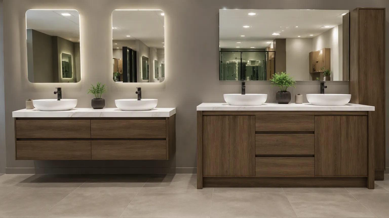 floating and floor-standing double wash basin vanity comparison