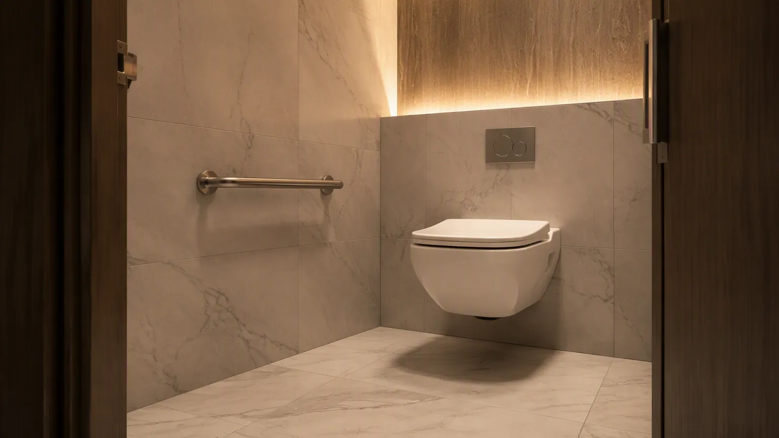 wall hung toilet in an accessible bathroom