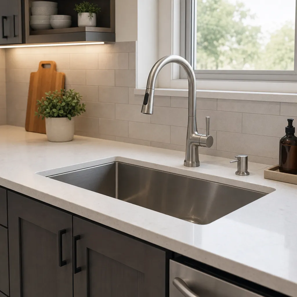 Modern Kitchen Sink With Stylish Faucet And Clean Countertop