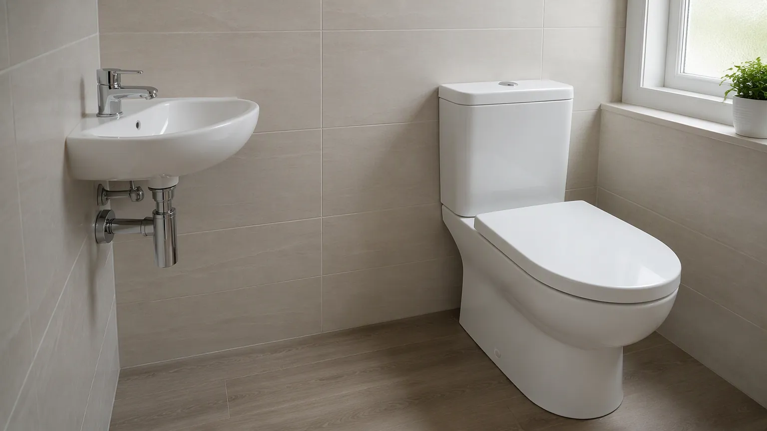 Small corner wash basin installed beside a toilet in a compact bathroom