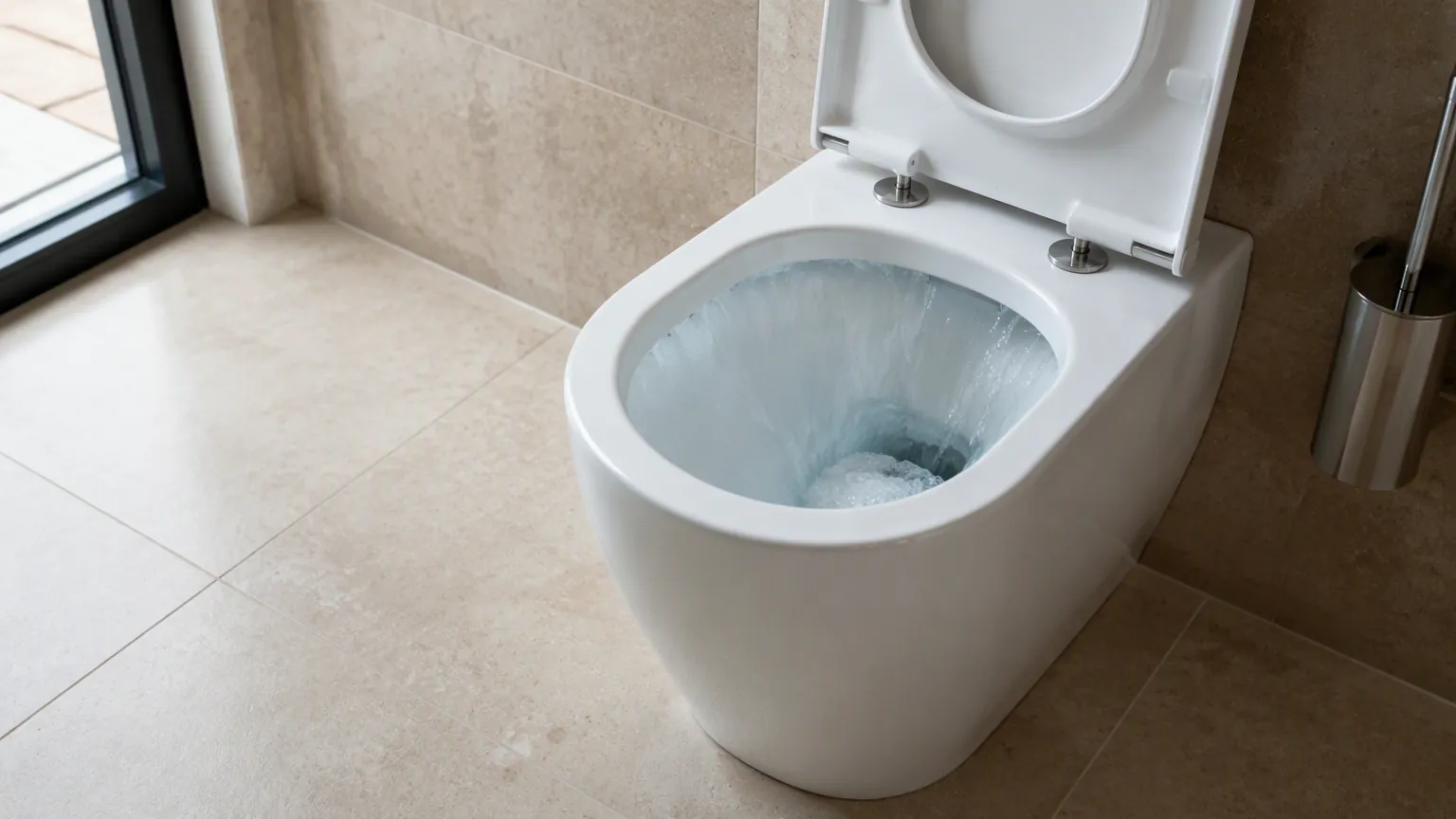 Rimless toilet bowl during a flush with water sheeting across the surface